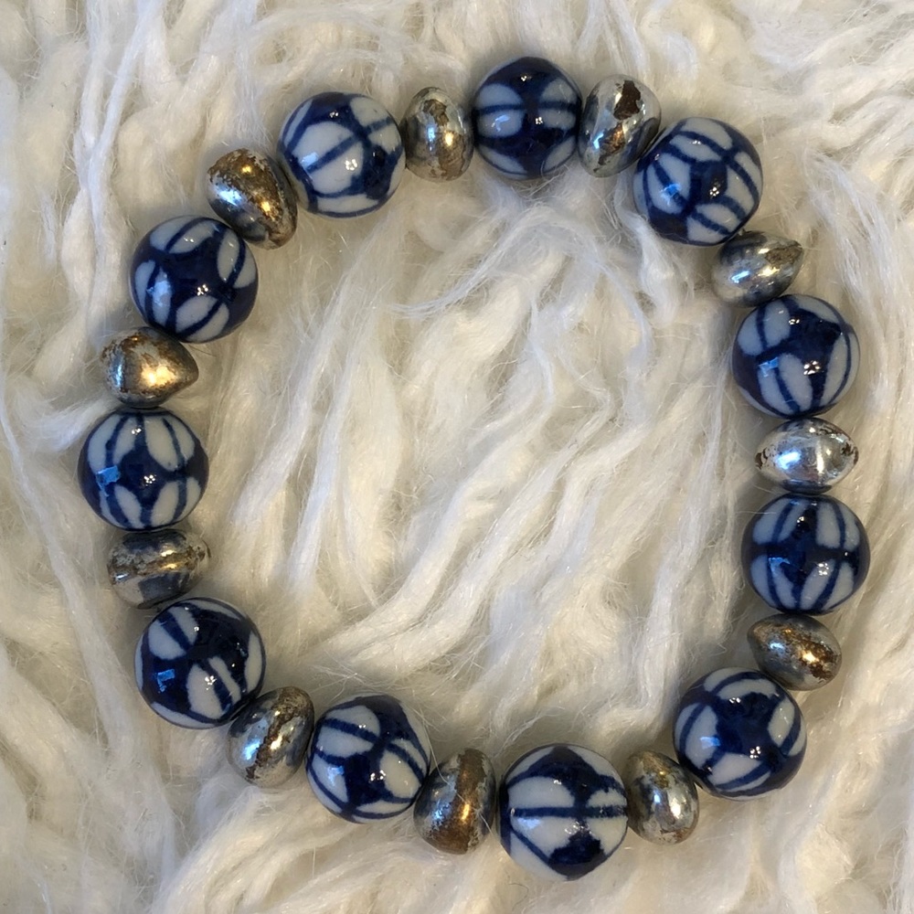 Artisan (L) custom-made stretch bracelet with vintage Blue/White Ceramic Beads!